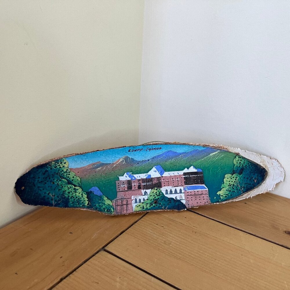 Banff Canada Original Carved Painting on Birch Wood Slice Vintage Fairmont Hotel